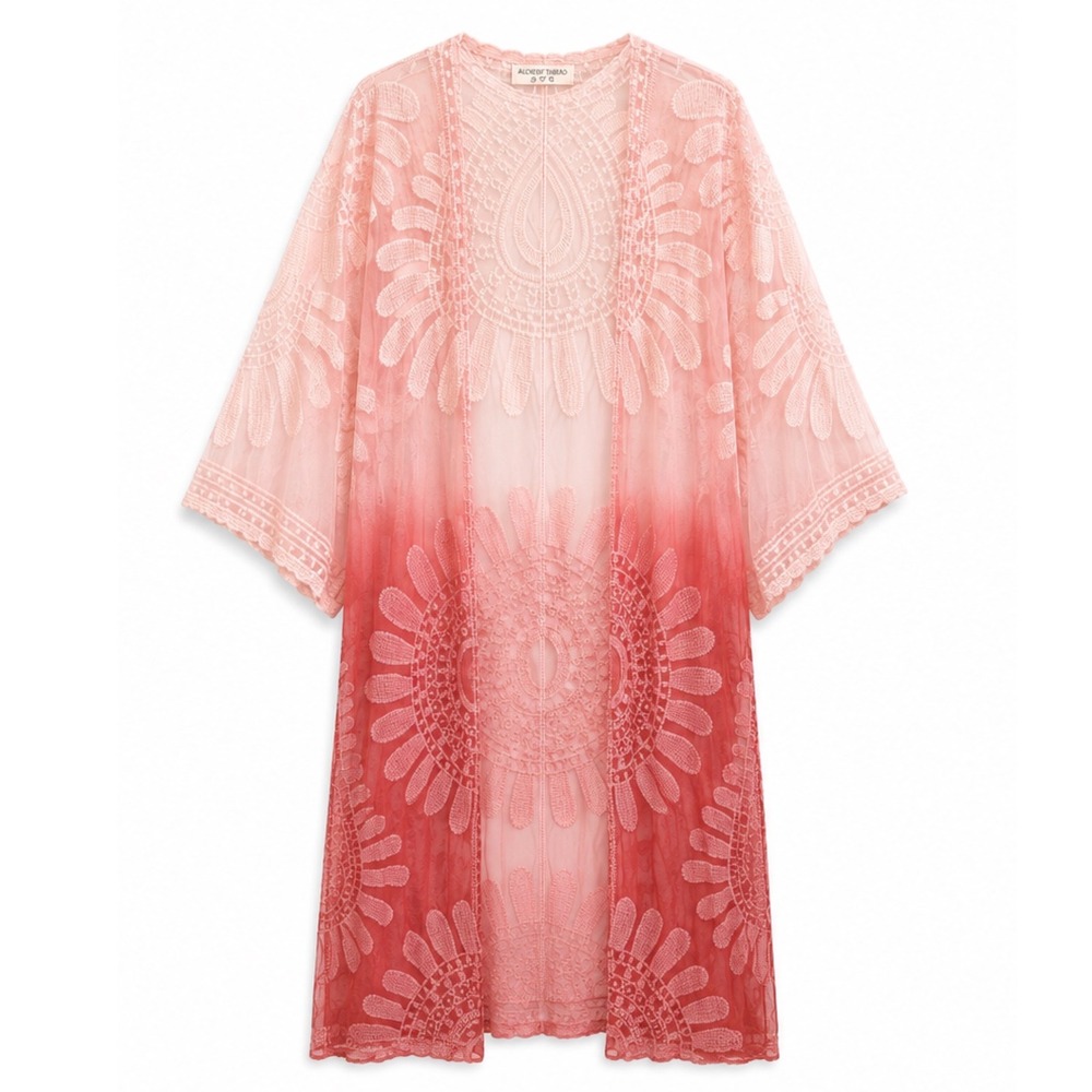 Alchemy Thread Pink Ombre Lace Embroidered Kimono Duster Boho Beach Cover Up XL